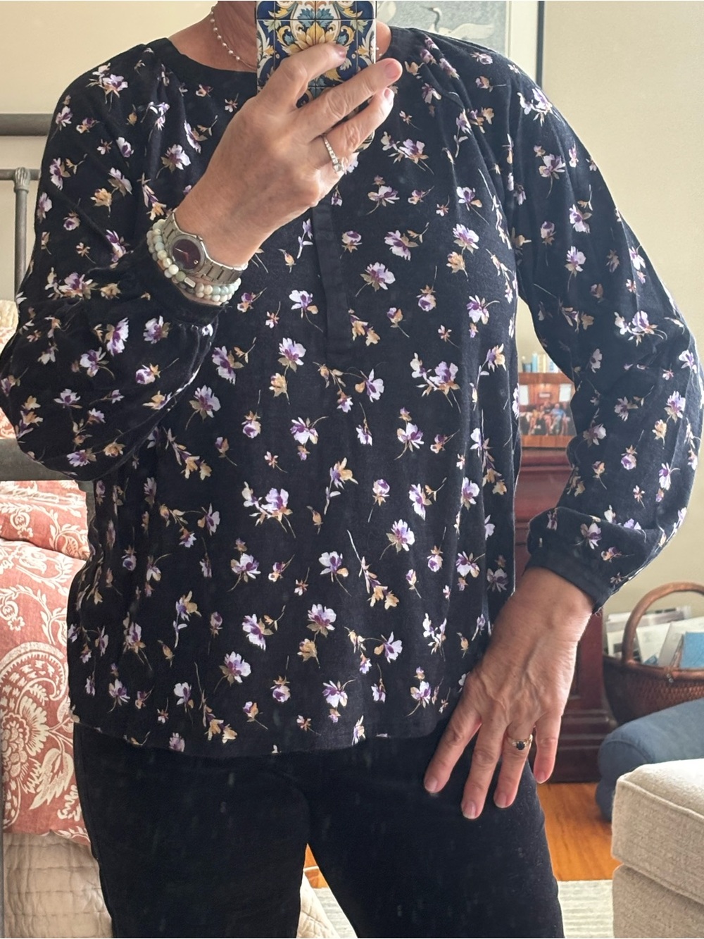 J. Jill Black Long-Sleeve Top with Lavender and Cream Floral Print